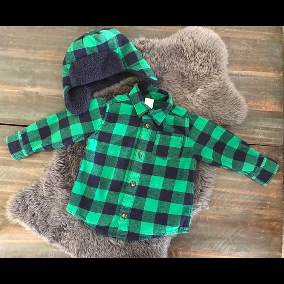 Gymboree Flannel Green & Navy Plaid Shirt & Hat - Picture 1 of 8